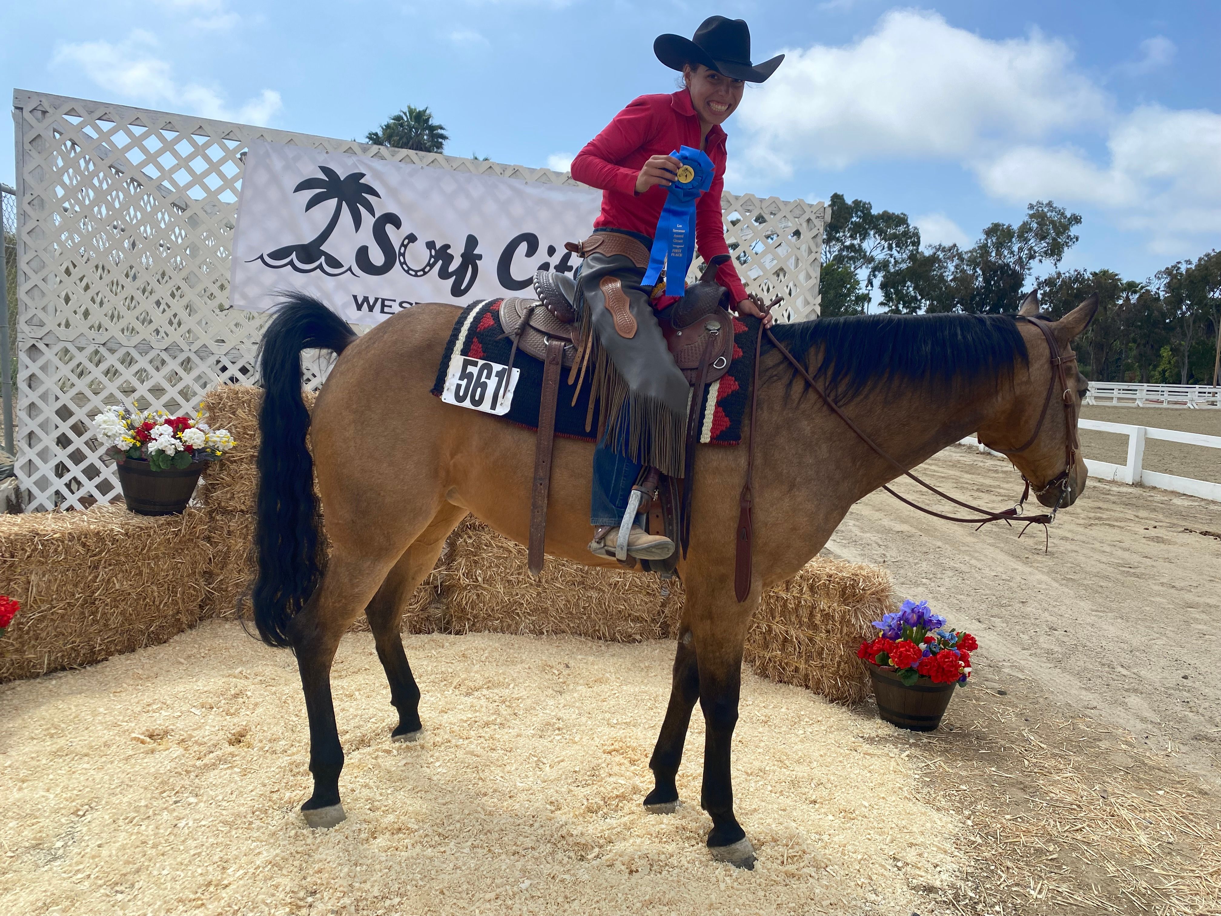 A rider working with a horse at the Bloomquist ranch